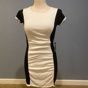 Express Black and White Ruched Bodycon Mini Dress